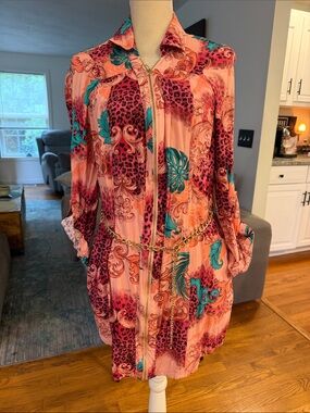 GAP Pink Teal and Coral Printed Zip Front Shirt Dress